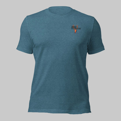 Front of Clawed Through Wildlife T-Shirt in Teal with deer logo and the words Hunt Fearless.