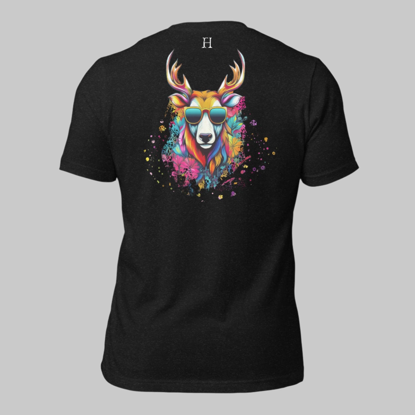 Back of Cool T-Shirt in Black with Buck Deer Skull wearing Sunglasses design, and FH logo near collar in white.