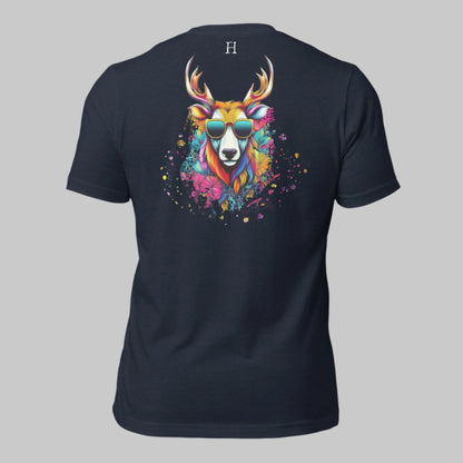 Back of Cool T-Shirt in Navy with Buck Deer Skull wearing Sunglasses design, and FH logo near collar in white.