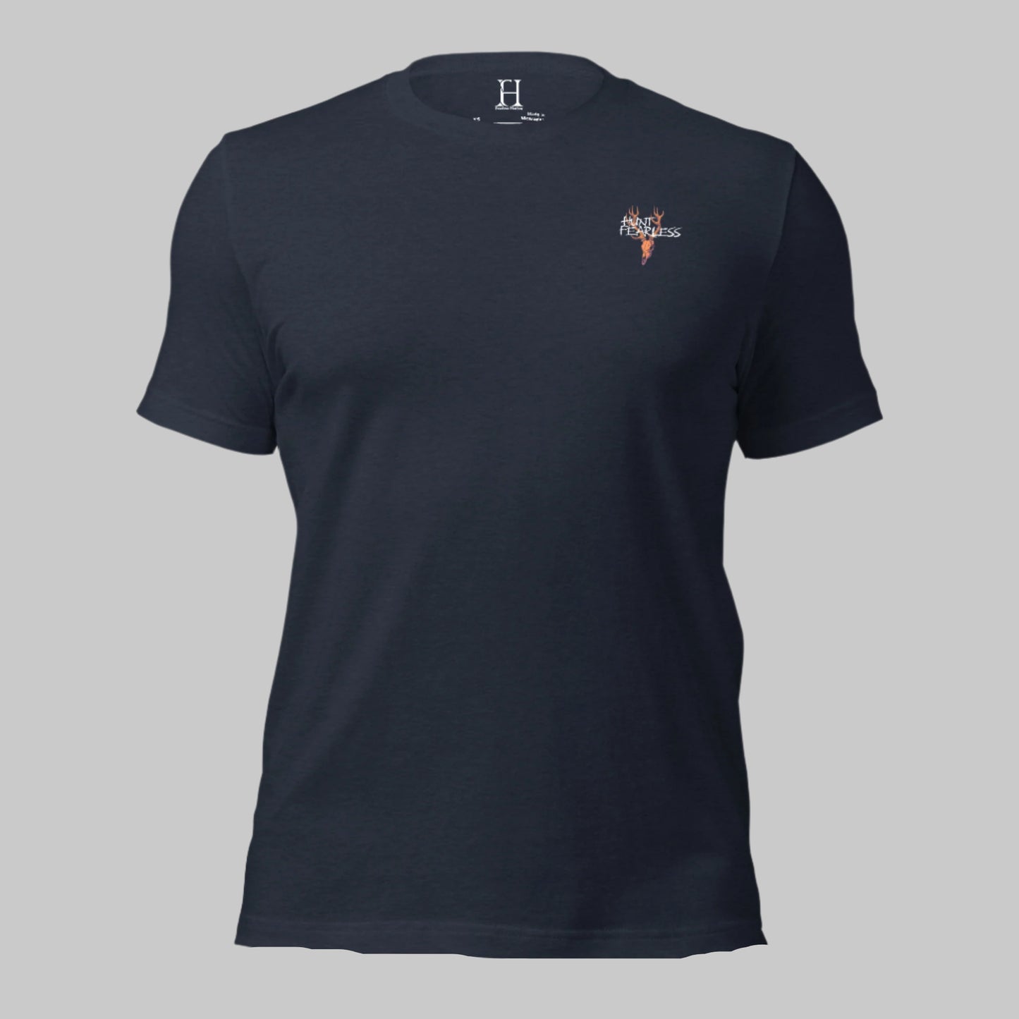 Front of Cool Buck Deer T-Shirt in Navy with deer logo and the words Hunt Fearless.