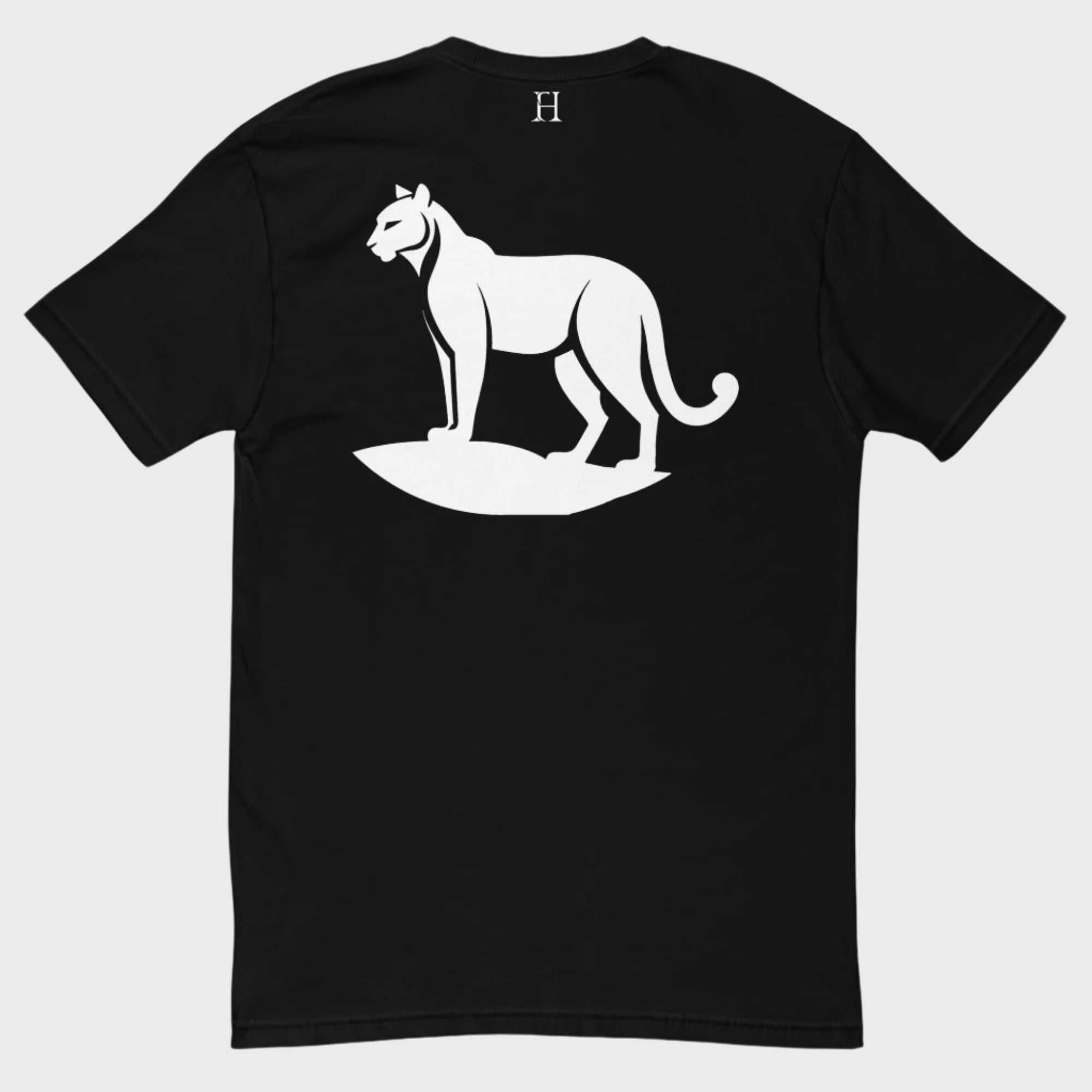 Back of Cougar Edition T-Shirt in Black with white cougar design and FH logo near collar.