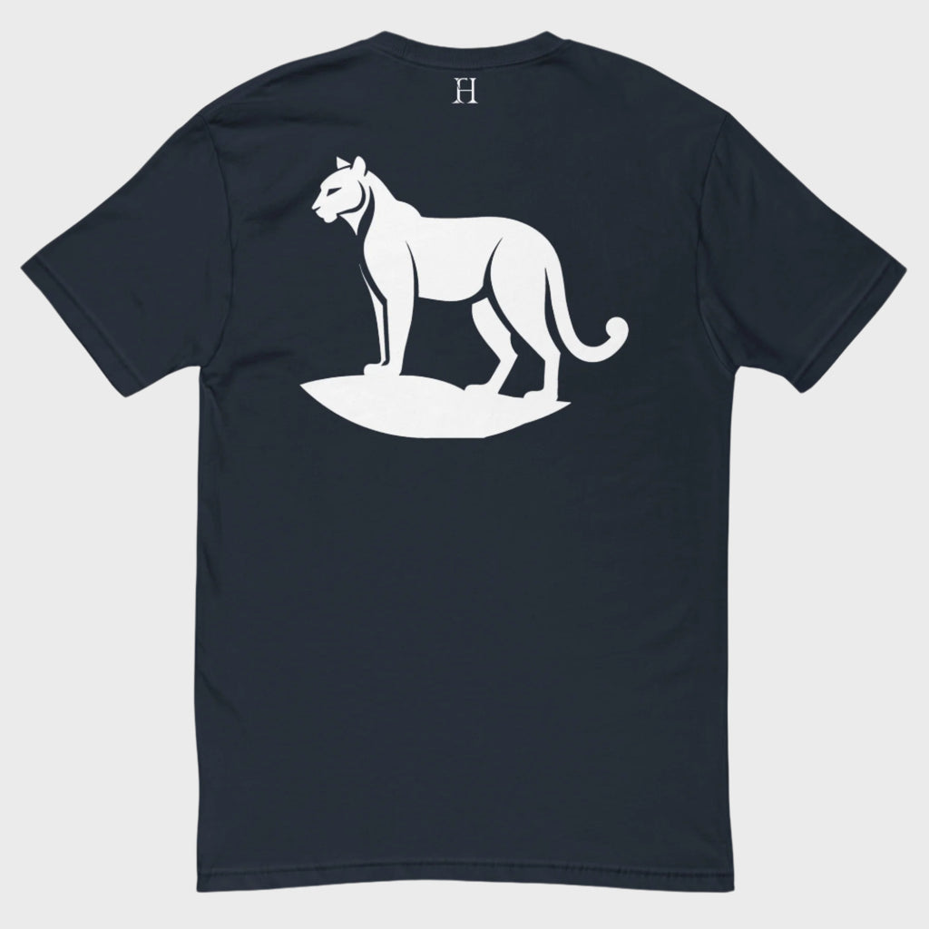 Back of Cougar Edition T-Shirt in Midnight Navy with white cougar design and FH logo near collar.