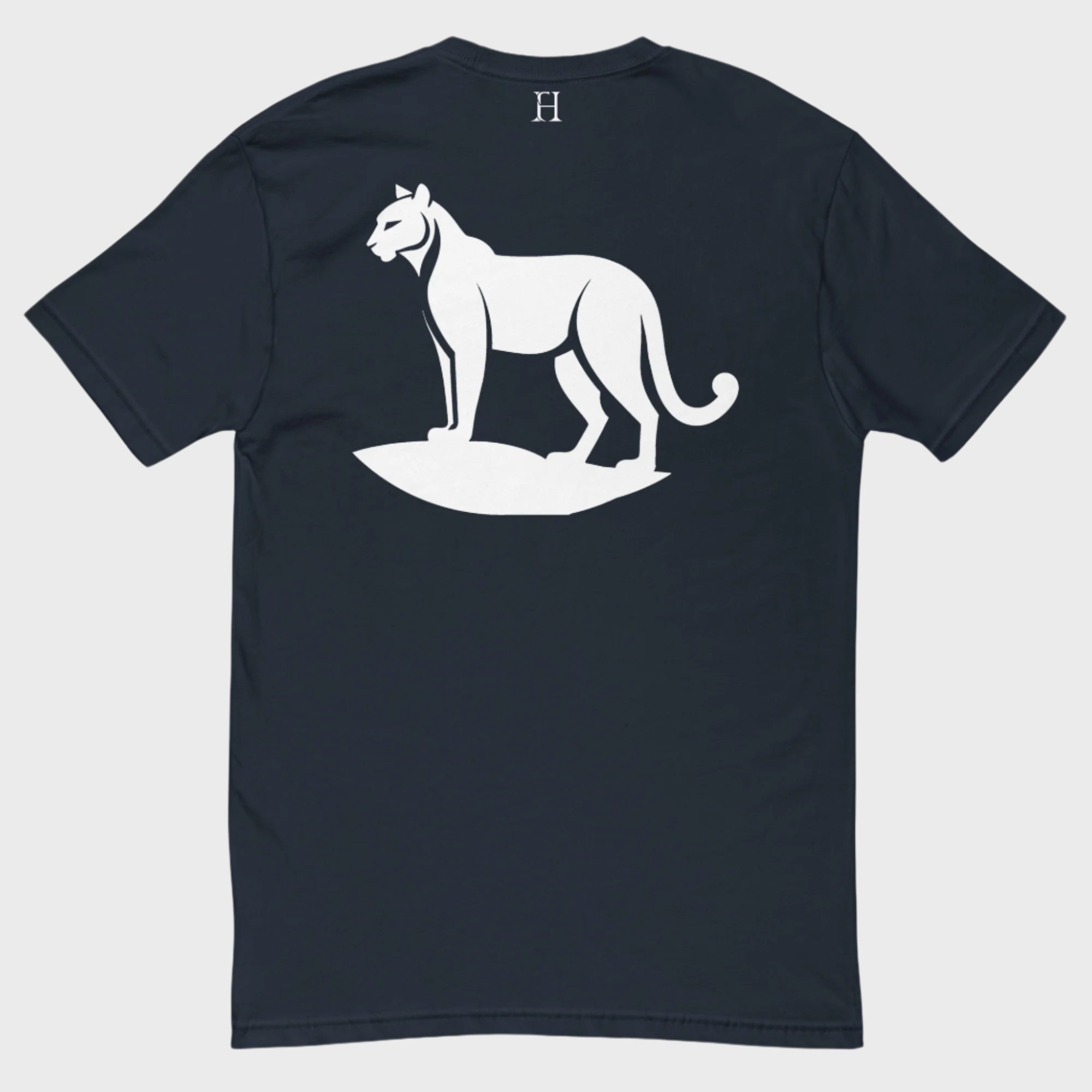 Back of Cougar Edition T-Shirt in Midnight Navy with white cougar design and FH logo near collar.