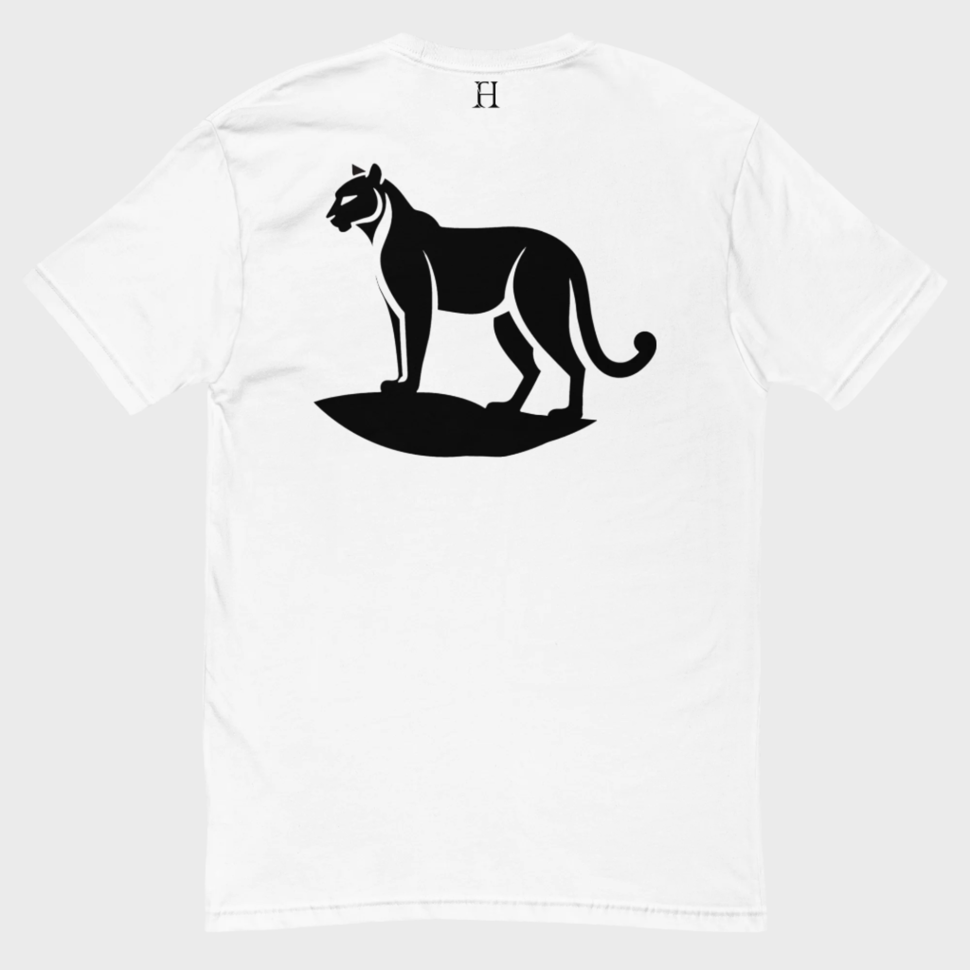 Back of Cougar Edition T-Shirt in White with black cougar design and FH logo near collar.