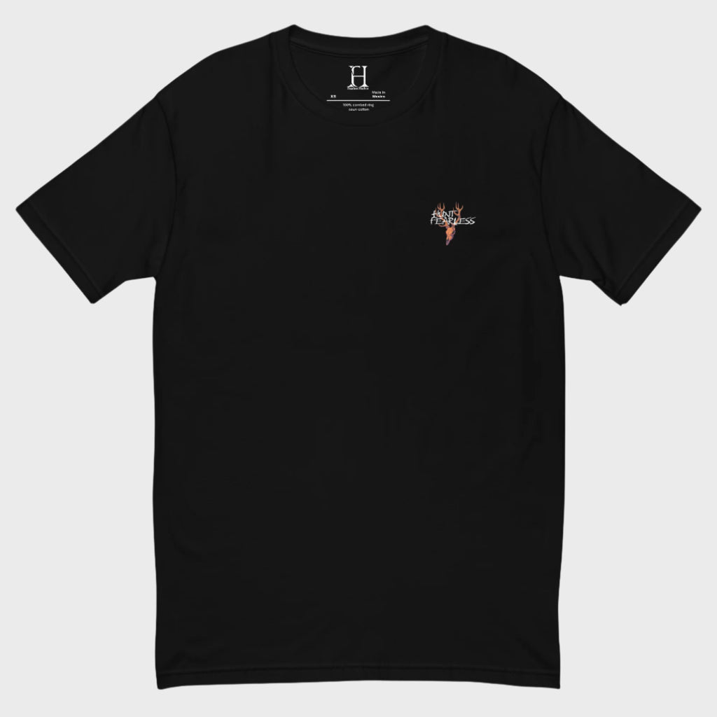Front of Cougar Edition T-Shirt in Black with deer logo and the words Hunt Fearless.
