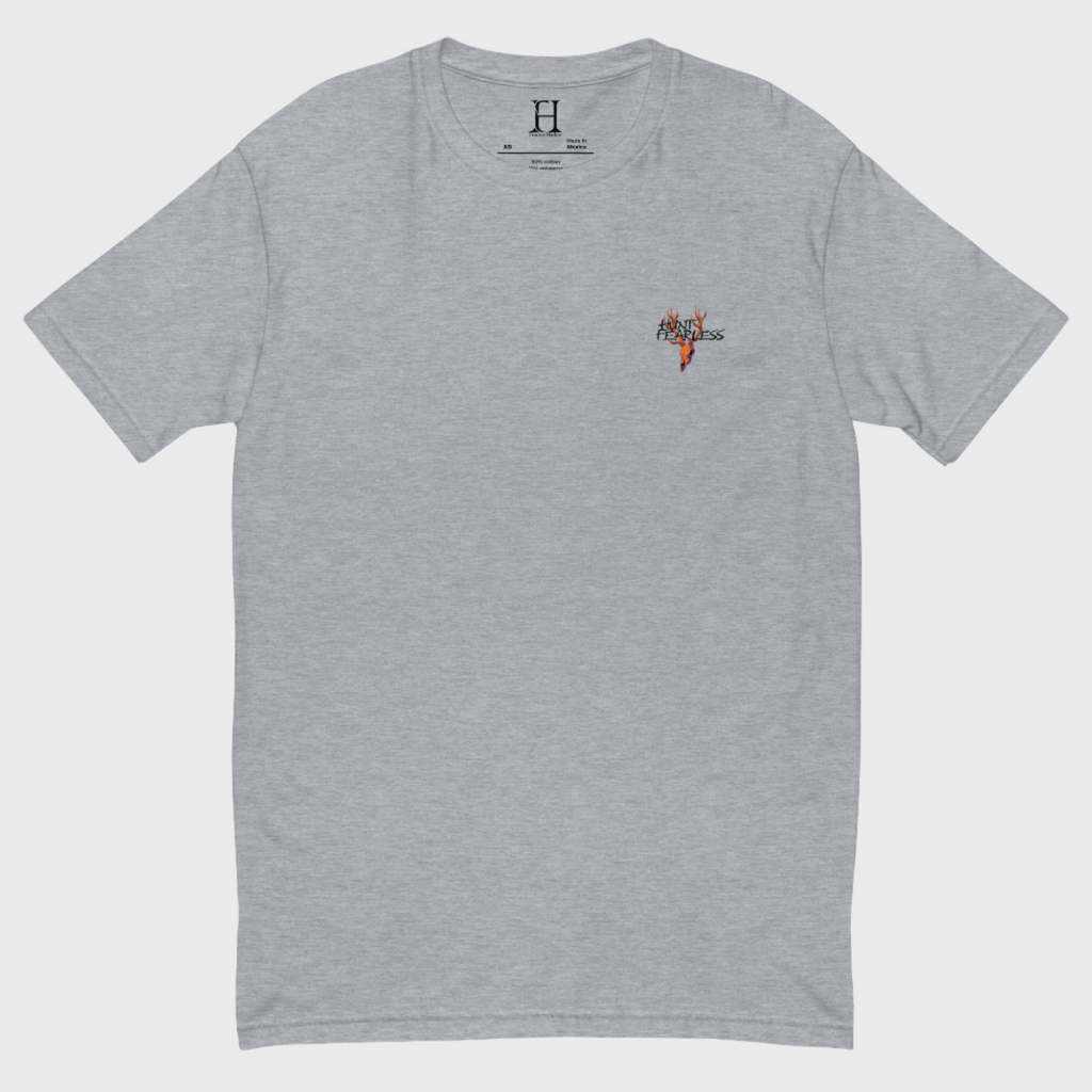 Front of Cougar Edition T-Shirt in Heather Grey with deer logo and the words Hunt Fearless.