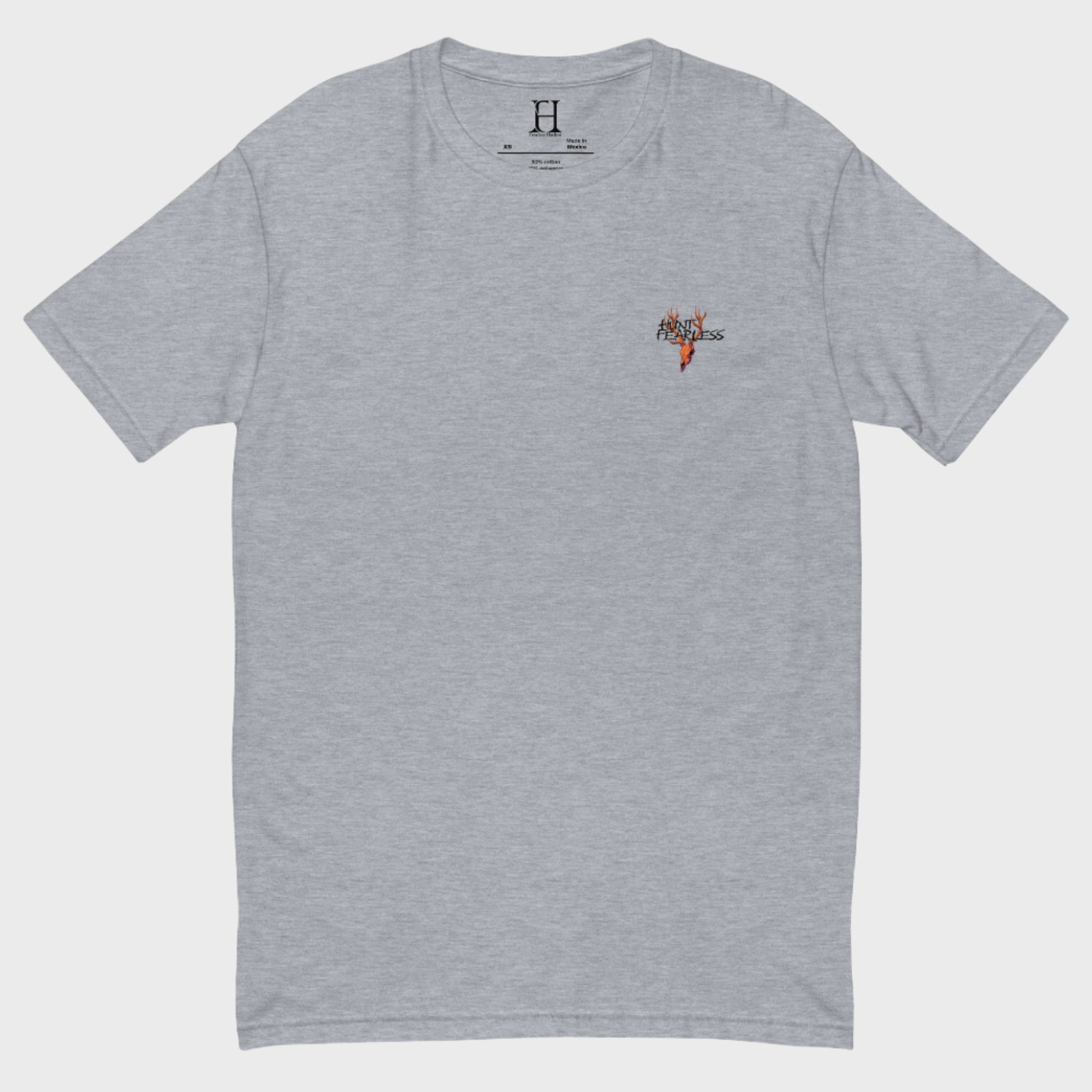 Front of Cougar Edition T-Shirt in Heather Grey with deer logo and the words Hunt Fearless.