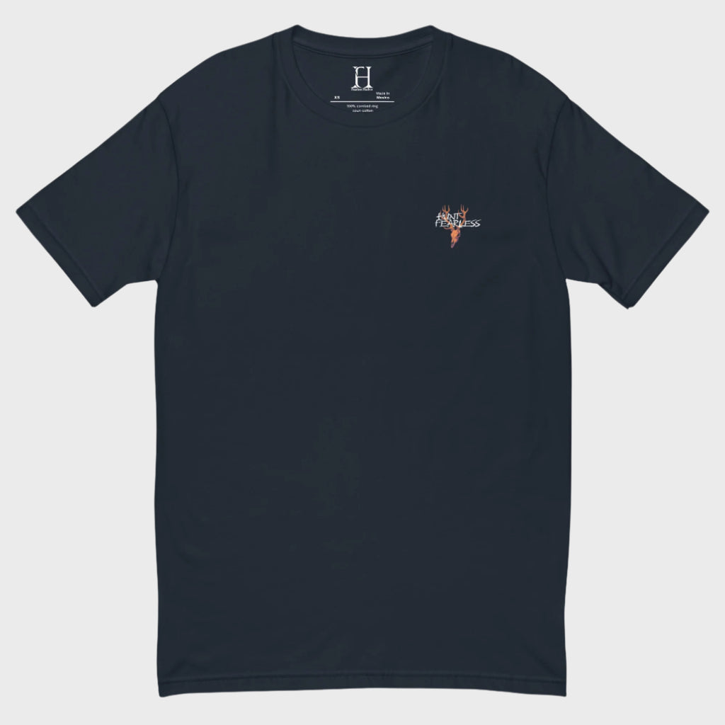 Front of Cougar Edition T-Shirt in Midnight Navy with deer logo and the words Hunt Fearless.