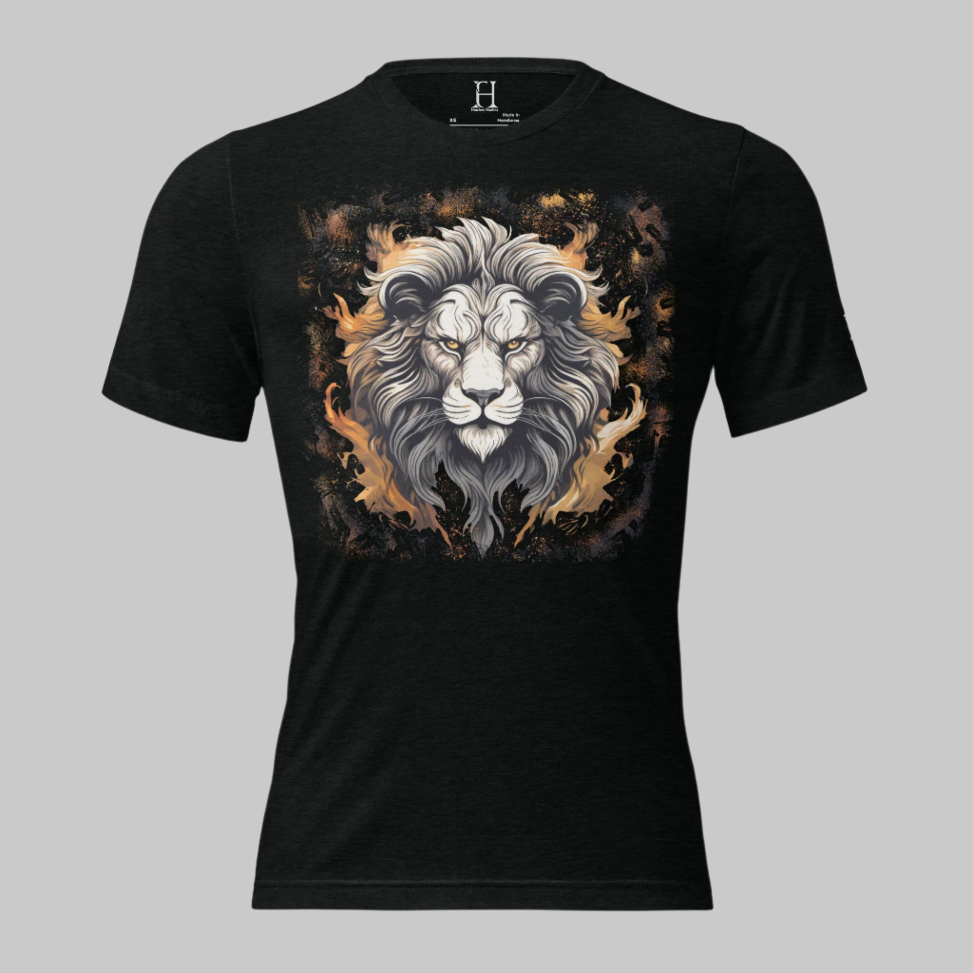 Front of Premium Strength T-Shirt – Bold Style & Ultimate Comfort in Black with image of a Fiery Lion.