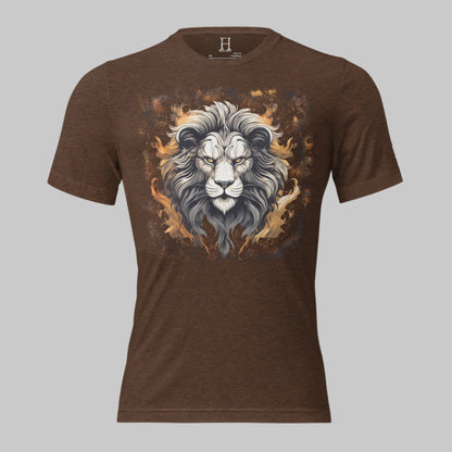 Front of Premium Strength T-Shirt – Bold Style & Ultimate Comfort in Brown with image of a Fiery Lion.