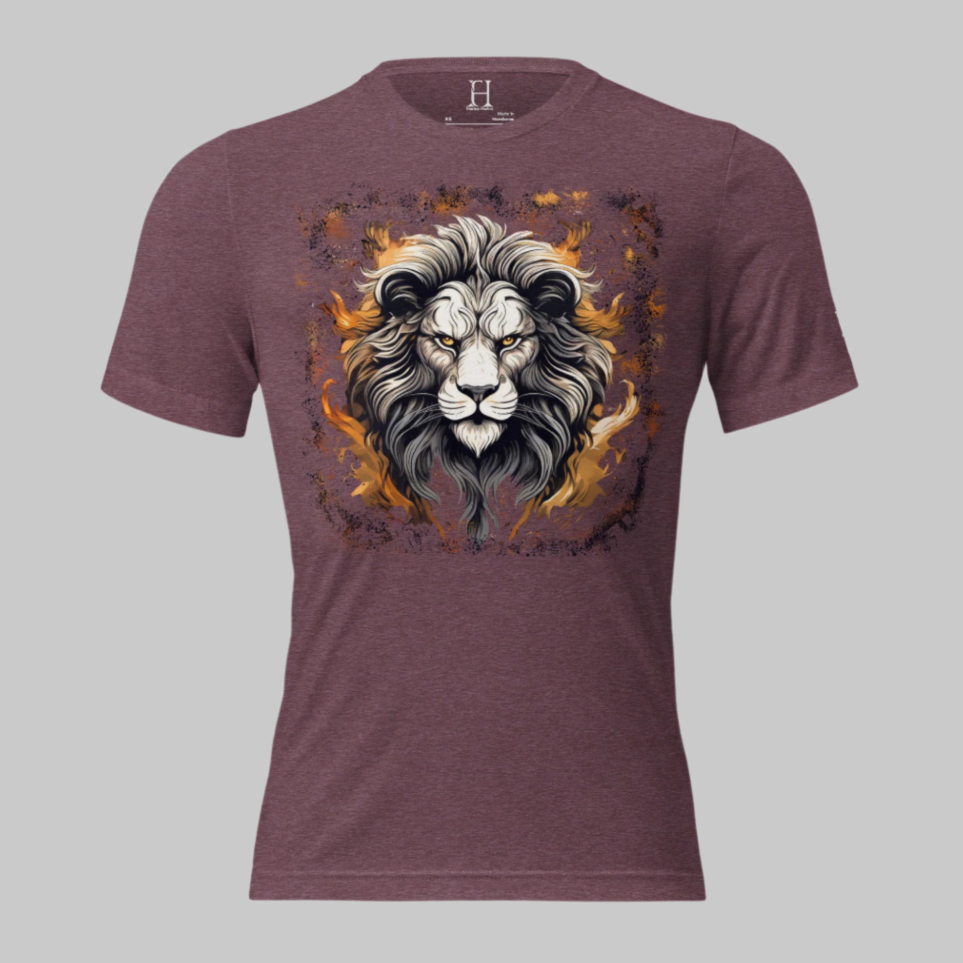 Front of Premium Strength T-Shirt – Bold Style & Ultimate Comfort in Maroon with image of a Fiery Lion.