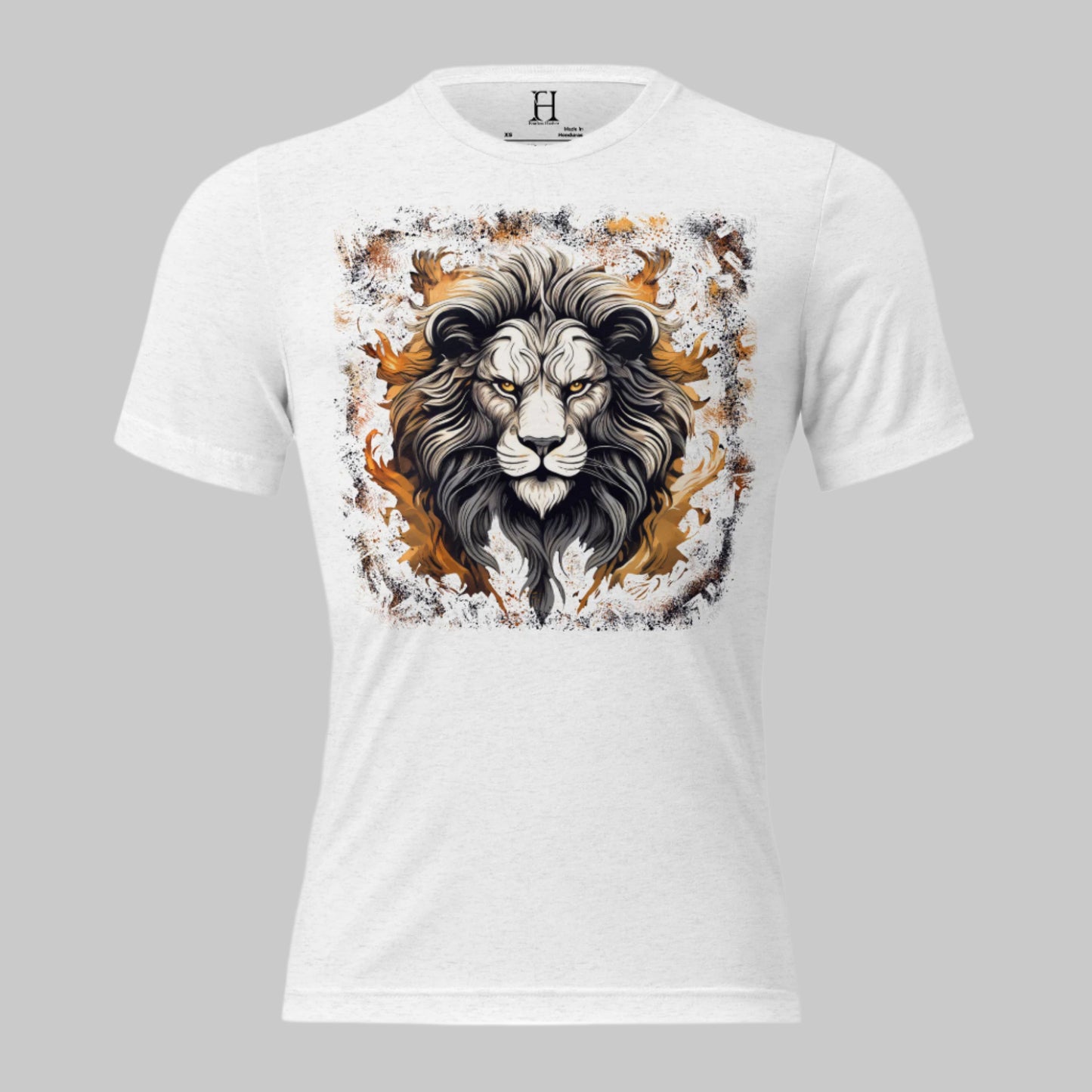 Front of Premium Strength T-Shirt – Bold Style & Ultimate Comfort in White with image of a Fiery Lion.