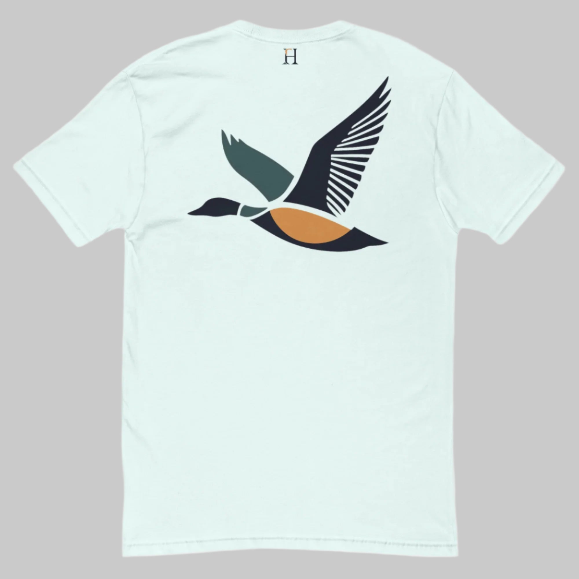 Back of Drake Edition T-Shirt in light blue with dark blue, yellow, and green flying duck design and FH logo near collar.