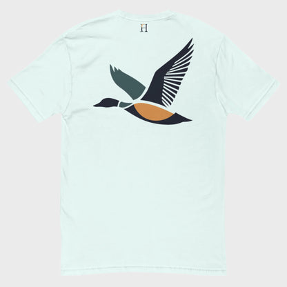 Back of Drake Edition T-Shirt in light blue with dark blue, yellow, and green flying duck design and FH logo near collar.