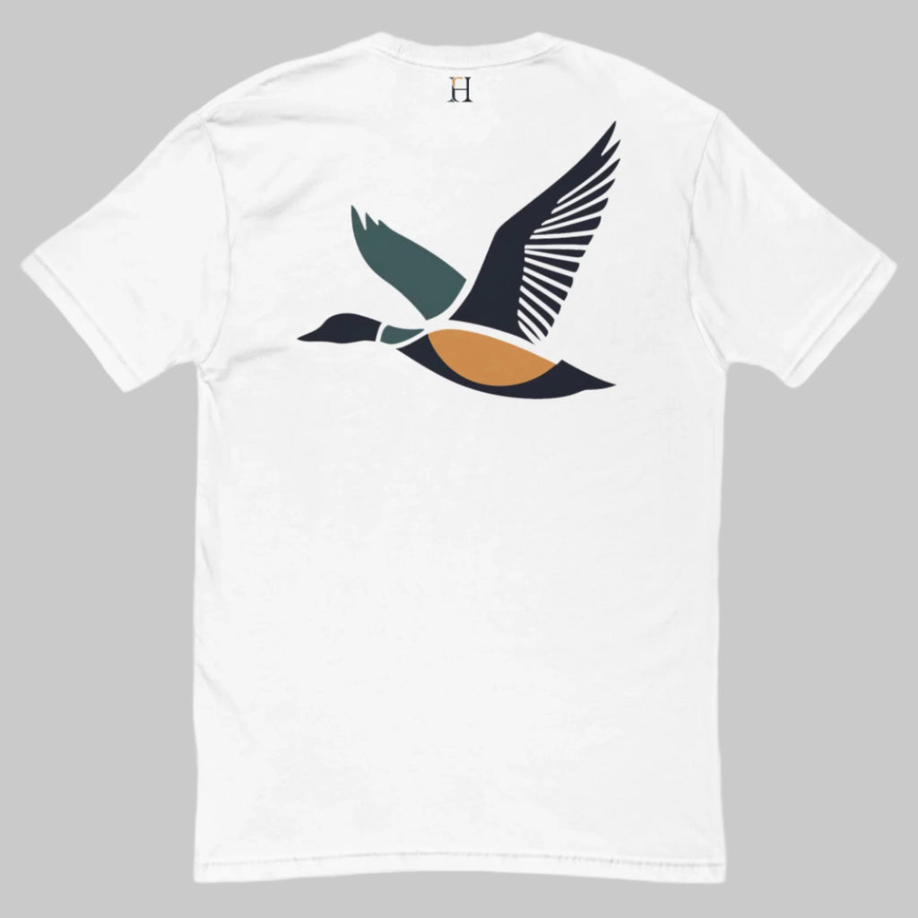 Back of Drake Edition T-Shirt in white with dark blue, yellow, and green flying duck design and FH logo near collar.