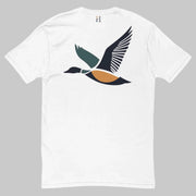 Back of Drake Edition T-Shirt in white with dark blue, yellow, and green flying duck design and FH logo near collar.