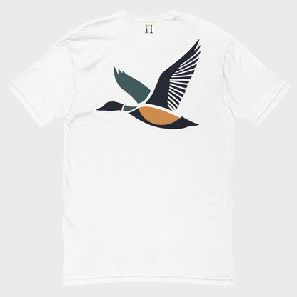 Back of Drake Edition T-Shirt in white with dark blue, yellow, and green flying duck design and FH logo near collar.