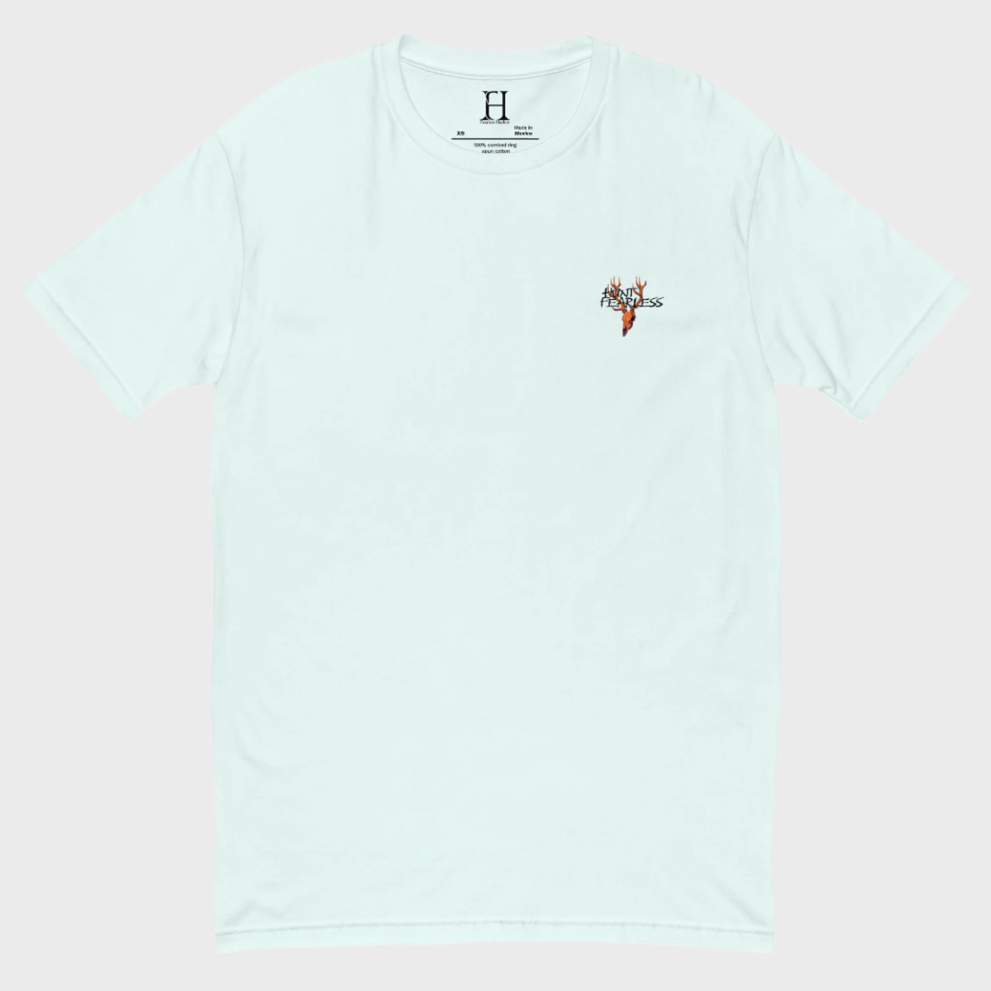 Front of Drake Edition T-Shirt in light blue with deer logo and the words Hunt Fearless.