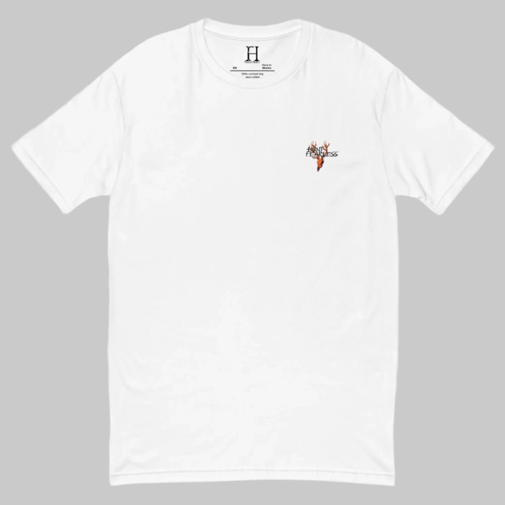 Front of Drake Edition T-Shirt in white with deer logo and the words Hunt Fearless.