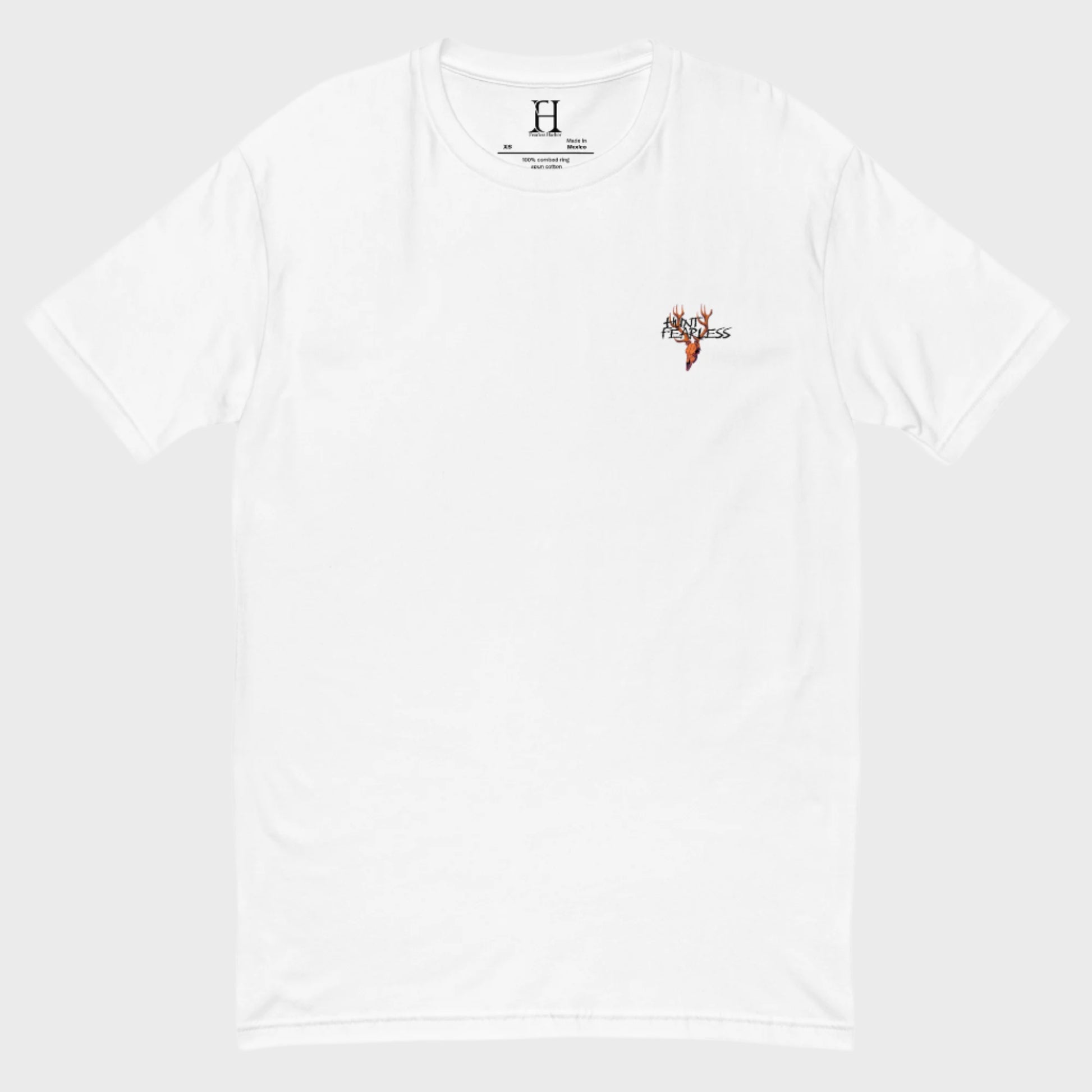 Front of Drake Edition T-Shirt in white with deer logo and the words Hunt Fearless.