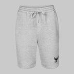 Front of Emblem Fleece Shorts in Grey, with a phoenix design on lower right pant leg in black.