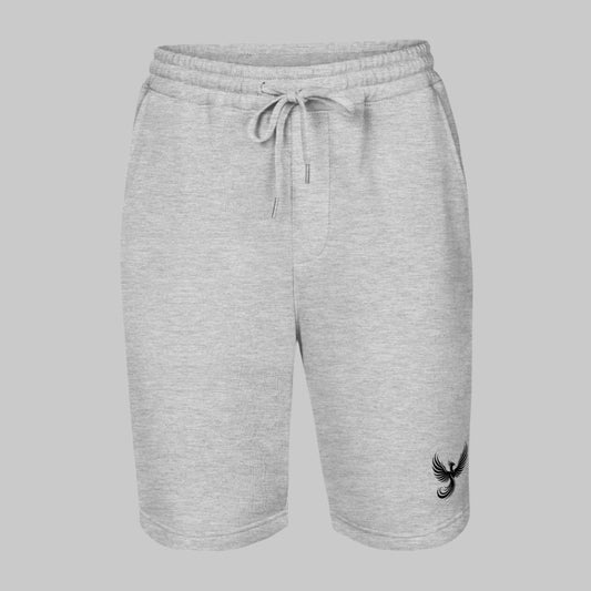 Front of Emblem Fleece Shorts in Grey, with a phoenix design on lower right pant leg in black.