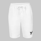 Front of Emblem Fleece Shorts in White, with a phoenix design on lower right pant leg in black.
