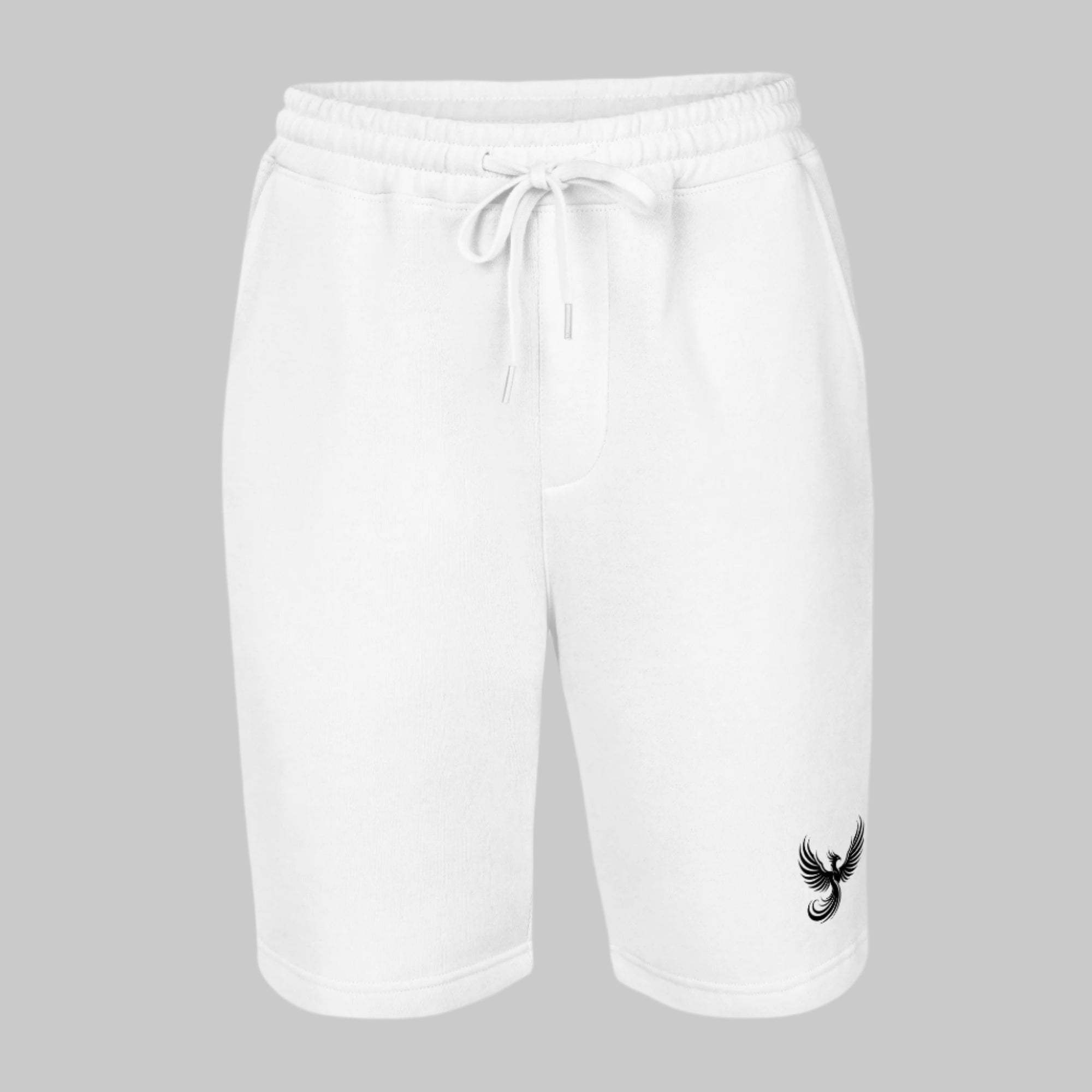 Front of Emblem Fleece Shorts in White, with a phoenix design on lower right pant leg in black.