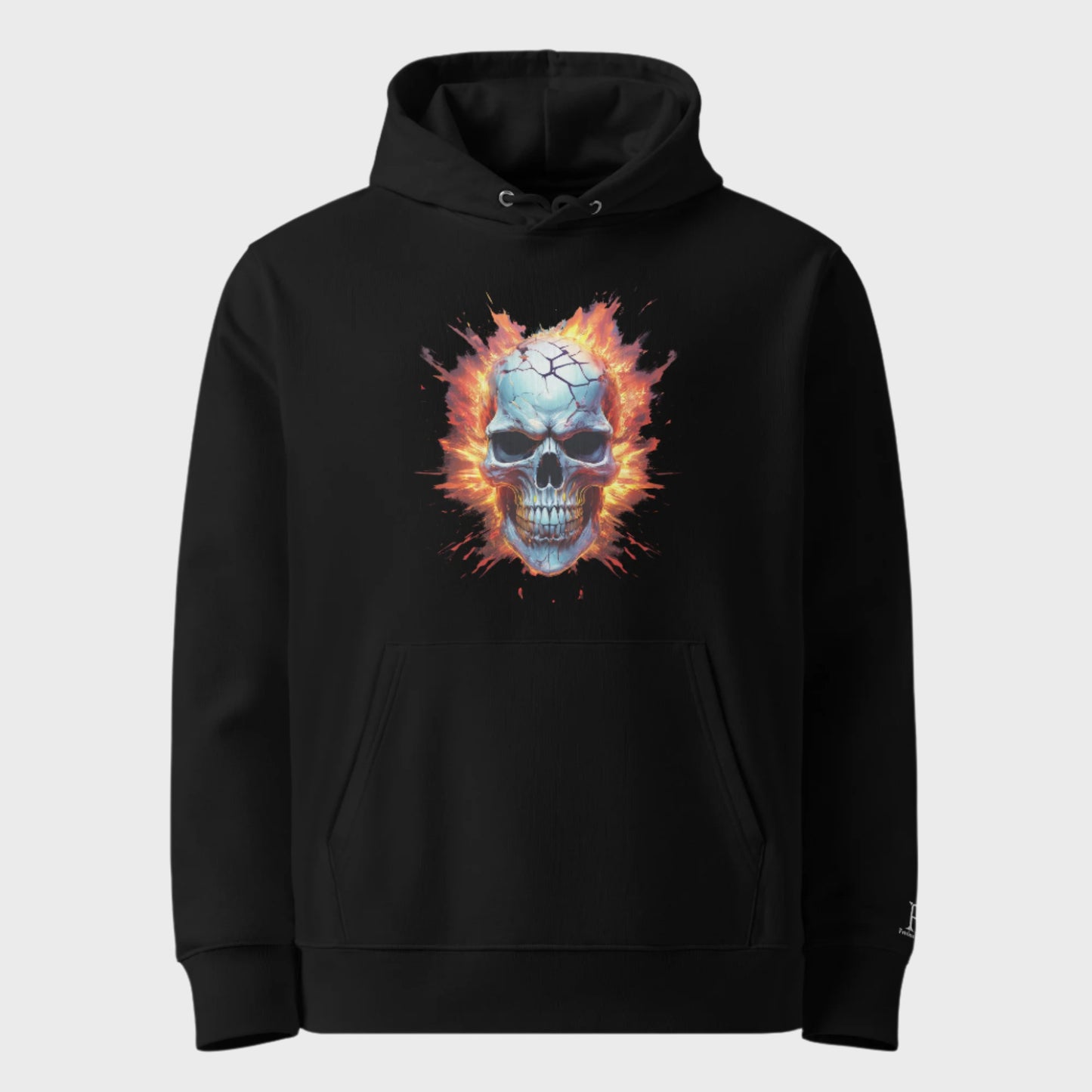 Front of Embrace the Broken Pullover Hoodie in Black with a cracked skull engulfed in flames design.