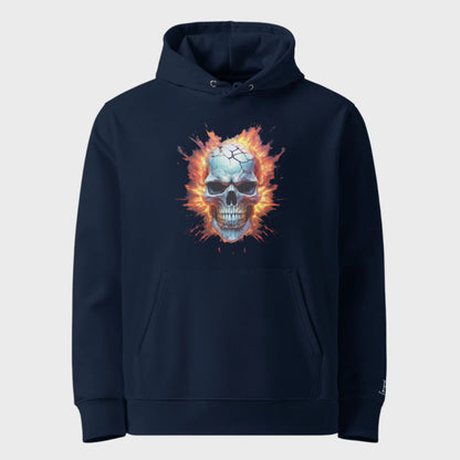 Front of Embrace the Broken Pullover Hoodie in French Navy with a cracked skull engulfed in flames design.