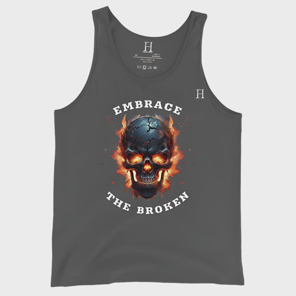 Front of Embrace the Broken Tank Top in Asphalt with a cracked skull engulfed in flames design.