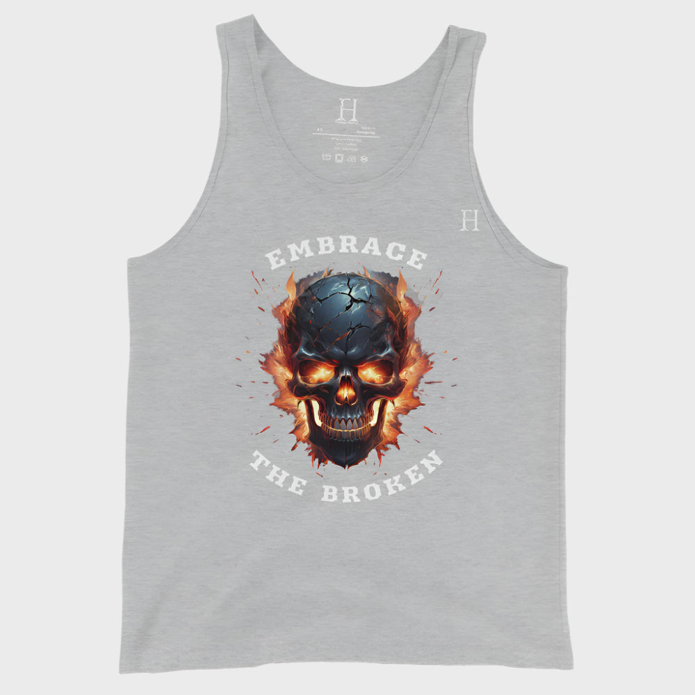 Front of Embrace the Broken Tank Top in Athletic Grey with a cracked skull engulfed in flames design.
