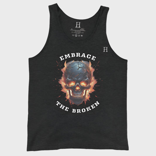 Front of Embrace the Broken Tank Top in Charcoal Black with a cracked skull engulfed in flames design.