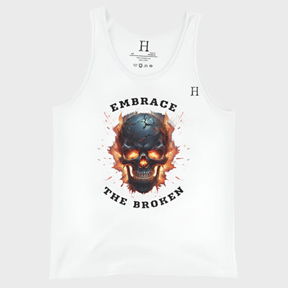 Front of Embrace the Broken Tank Top in White with a cracked skull engulfed in flames design.