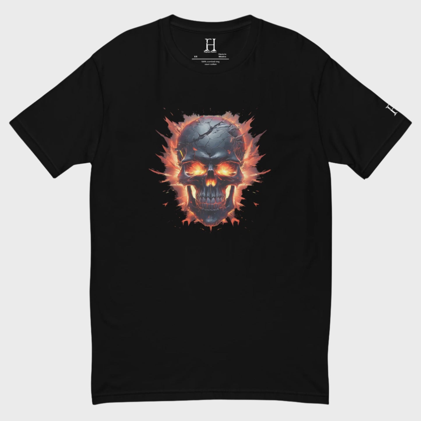 Front of Embrace the Broken T-Shirt in Black with a cracked skull engulfed in flames design.