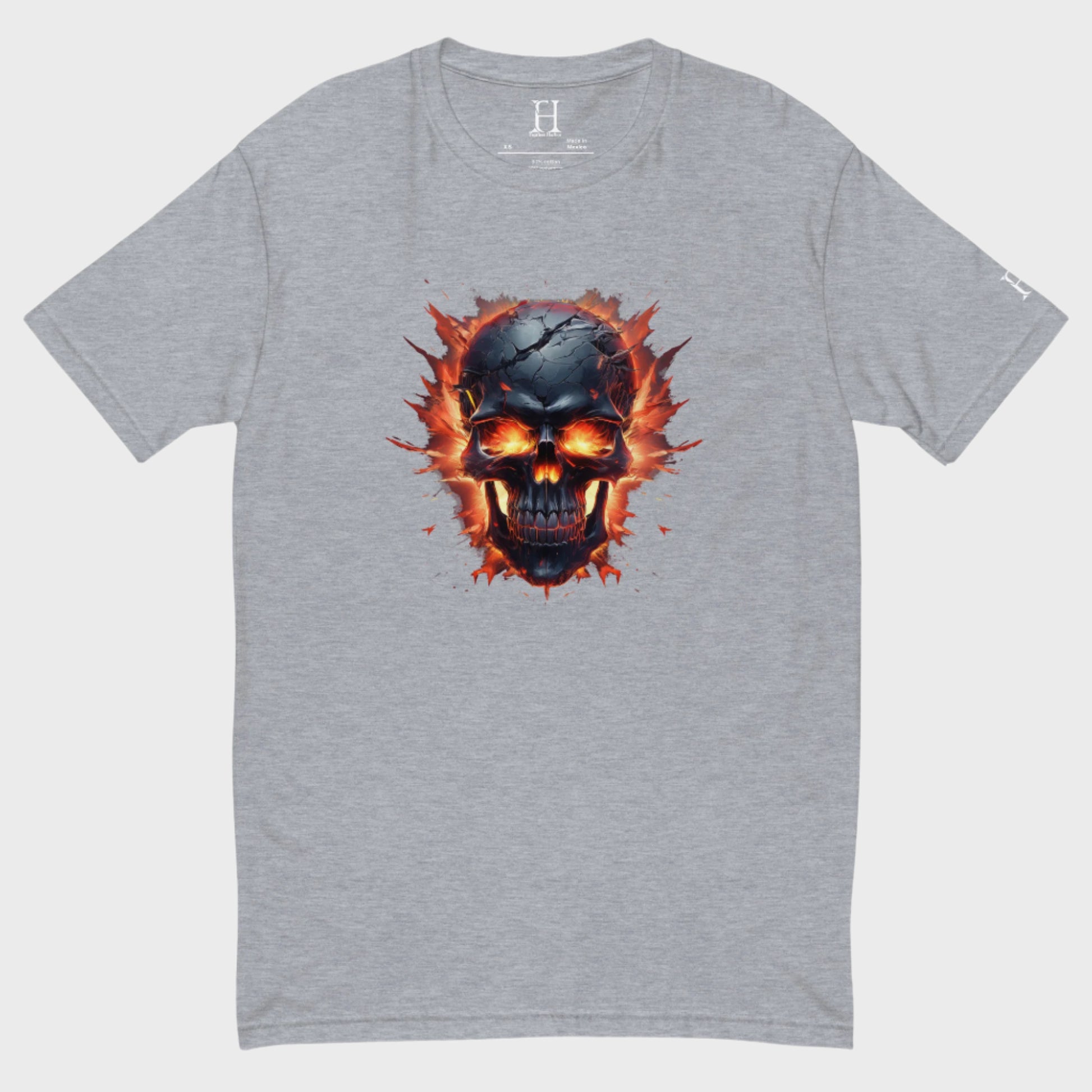 Front of Embrace the Broken T-Shirt in Grey with a cracked skull engulfed in flames design.