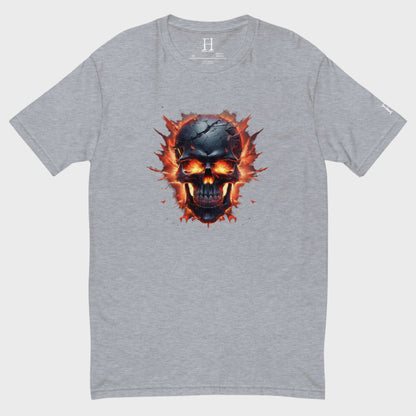 Front of Embrace the Broken T-Shirt in Grey with a cracked skull engulfed in flames design.