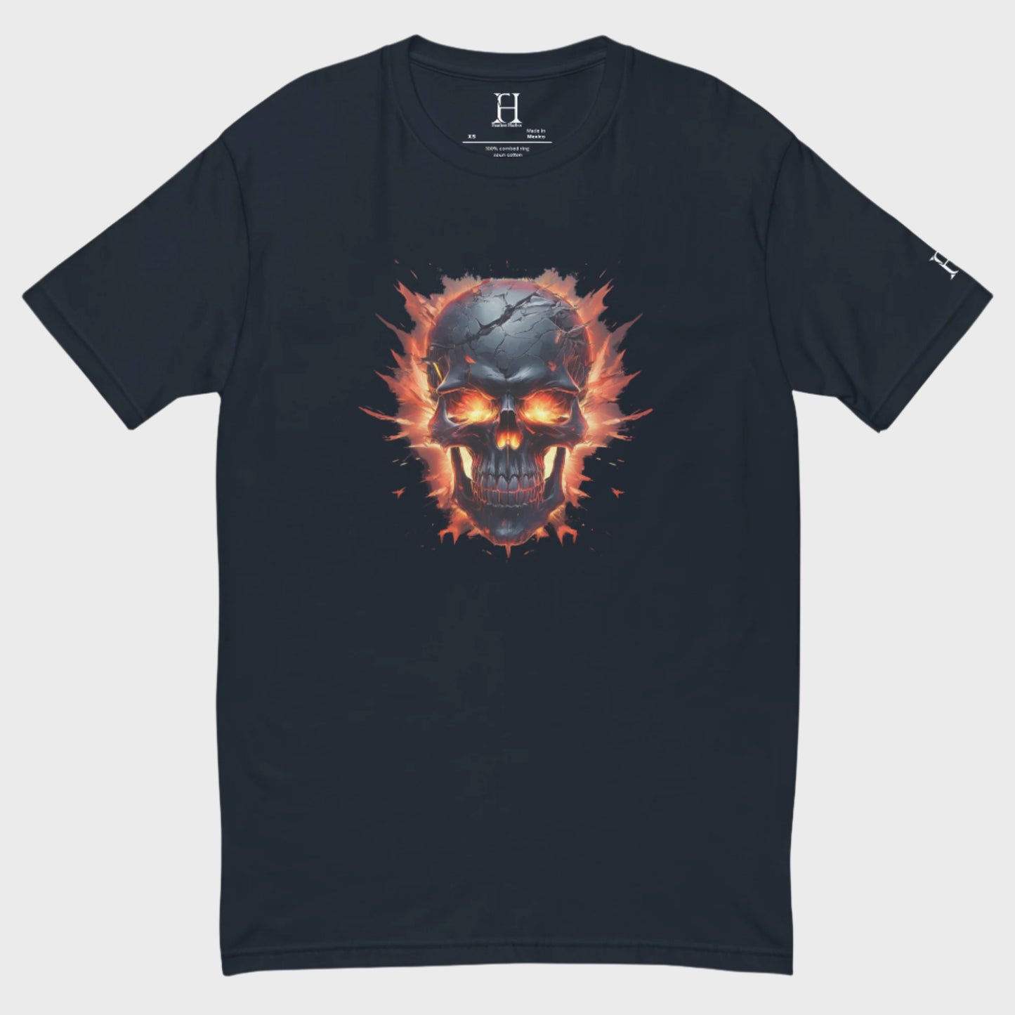 Product Front of Embrace the Broken T-Shirt in Midnight Navy with a cracked skull engulfed in flames design.