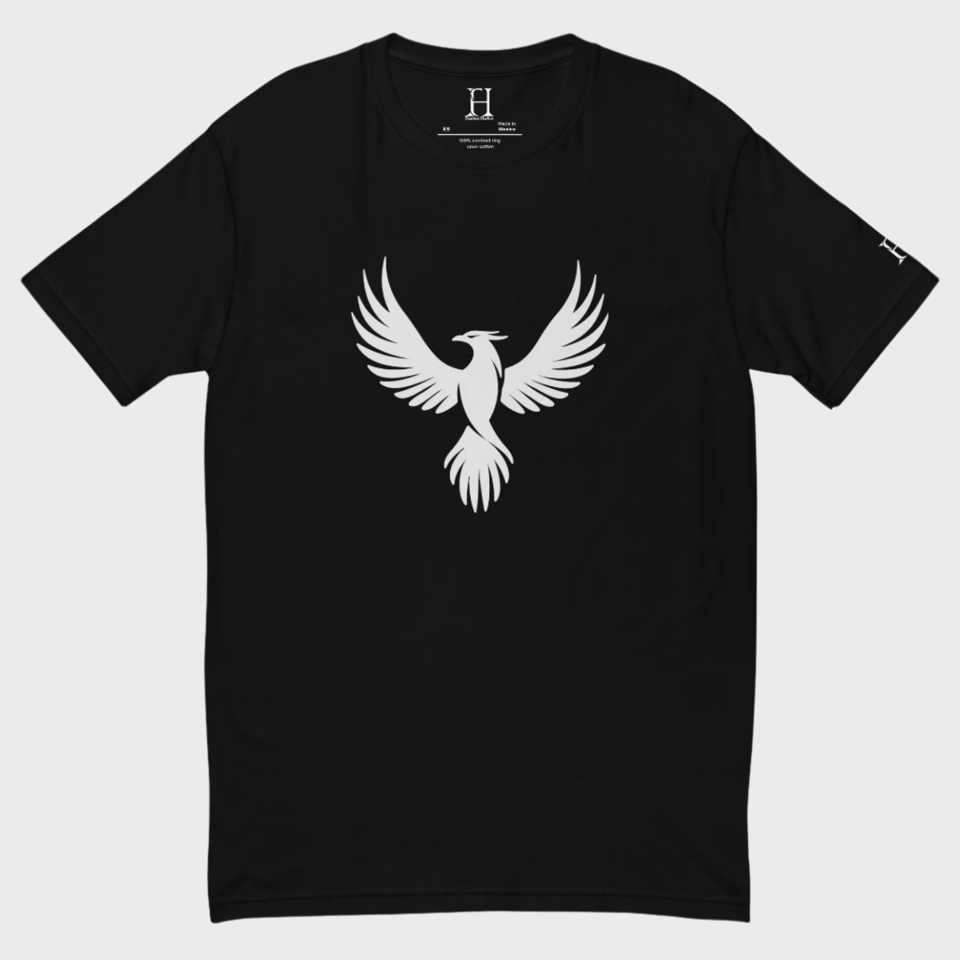 Front of FH Fitted Performance T-Shirt in Black with white Phoenix design.