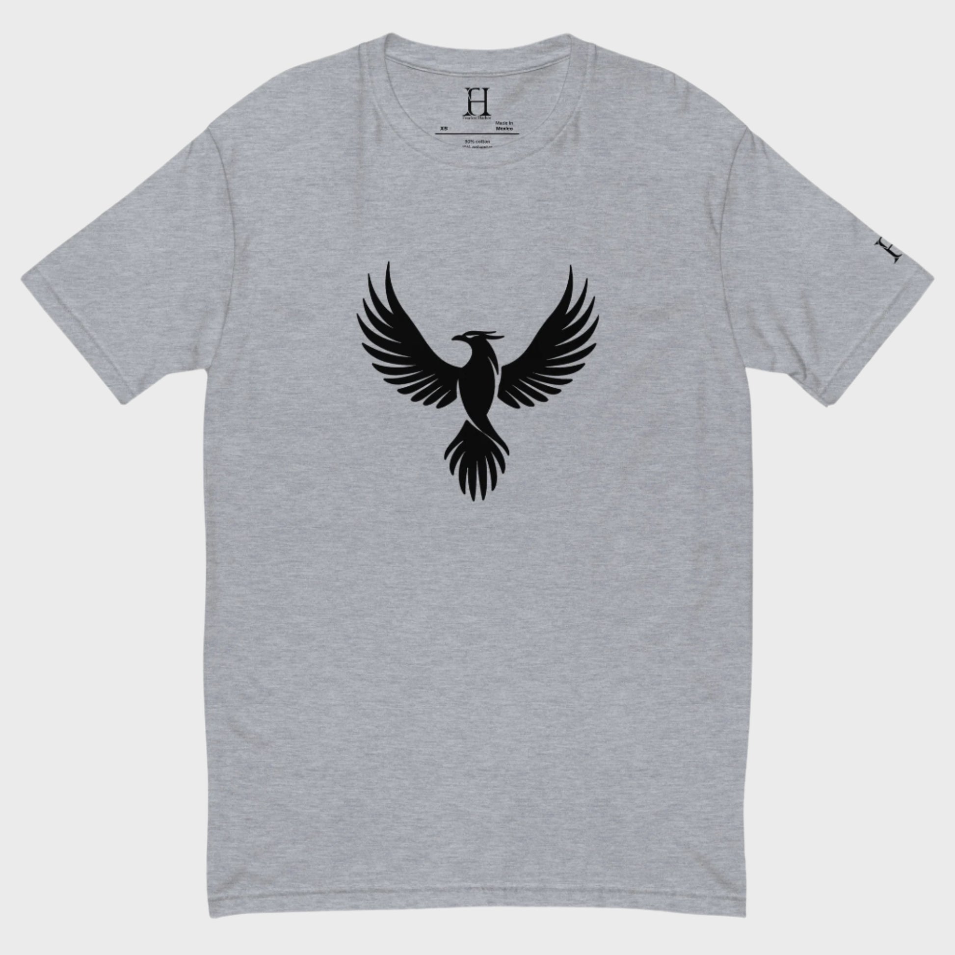 Front of FH Fitted Performance T-Shirt in Heather Grey with black Phoenix design.