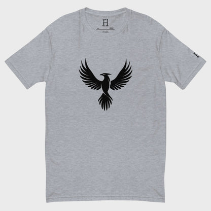 Front of FH Fitted Performance T-Shirt in Heather Grey with black Phoenix design.