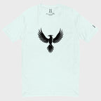 Front of FH Fitted Performance T-Shirt in Light Blue with black Phoenix design.
