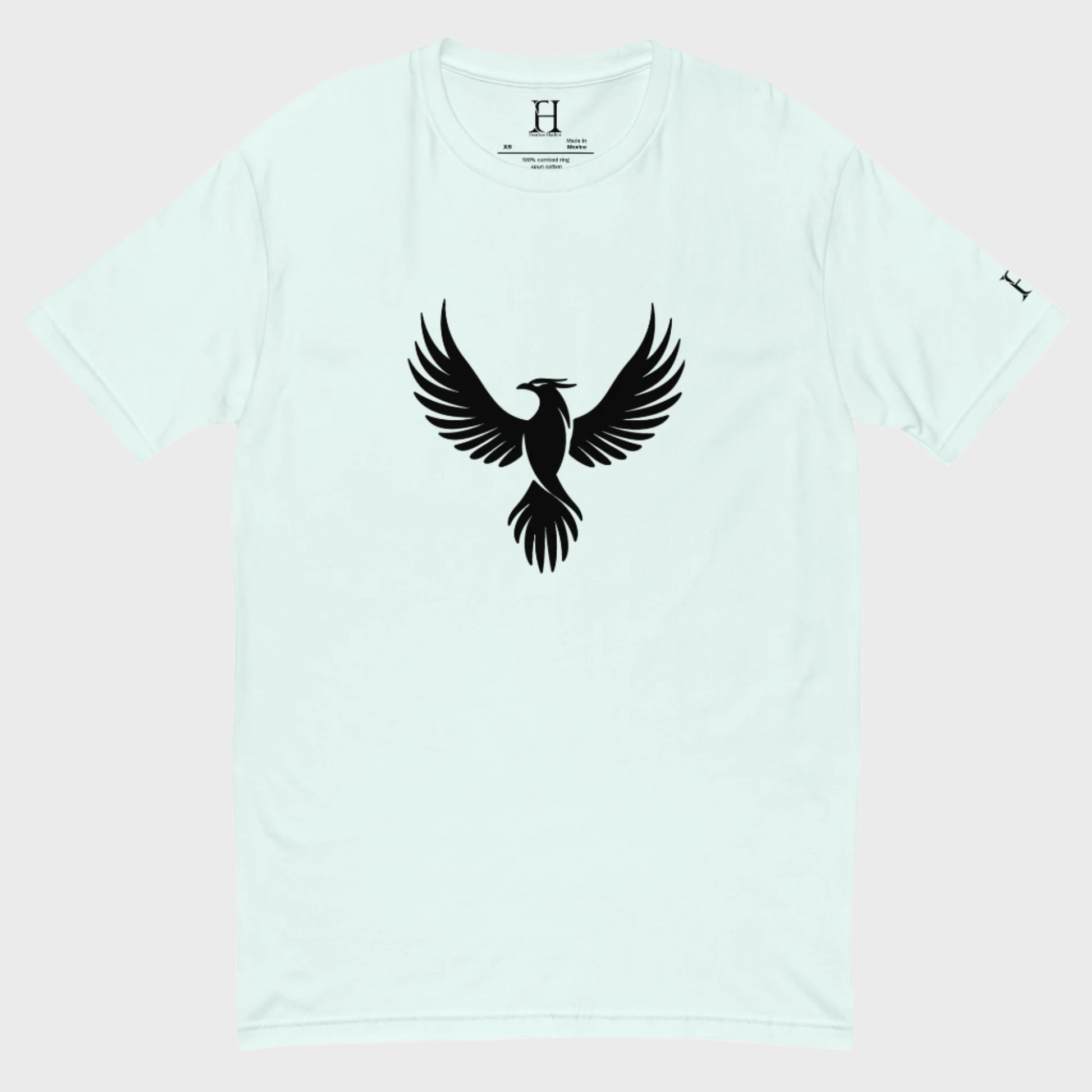 Front of FH Fitted Performance T-Shirt in Light Blue with black Phoenix design.