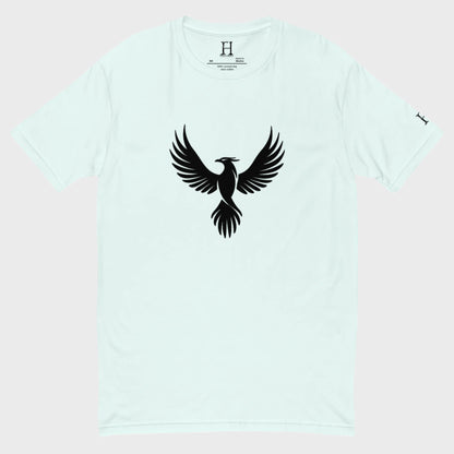 Front of FH Fitted Performance T-Shirt in Light Blue with black Phoenix design.