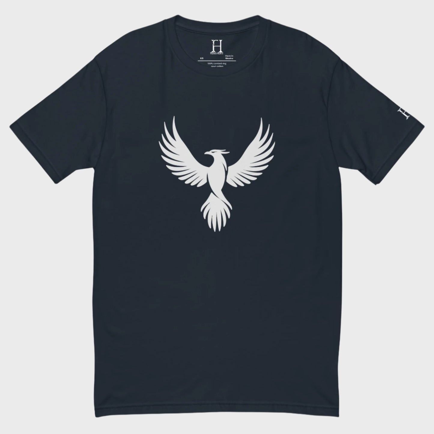 Front of FH Fitted Performance T-Shirt in Midnight Navy with white Phoenix design.