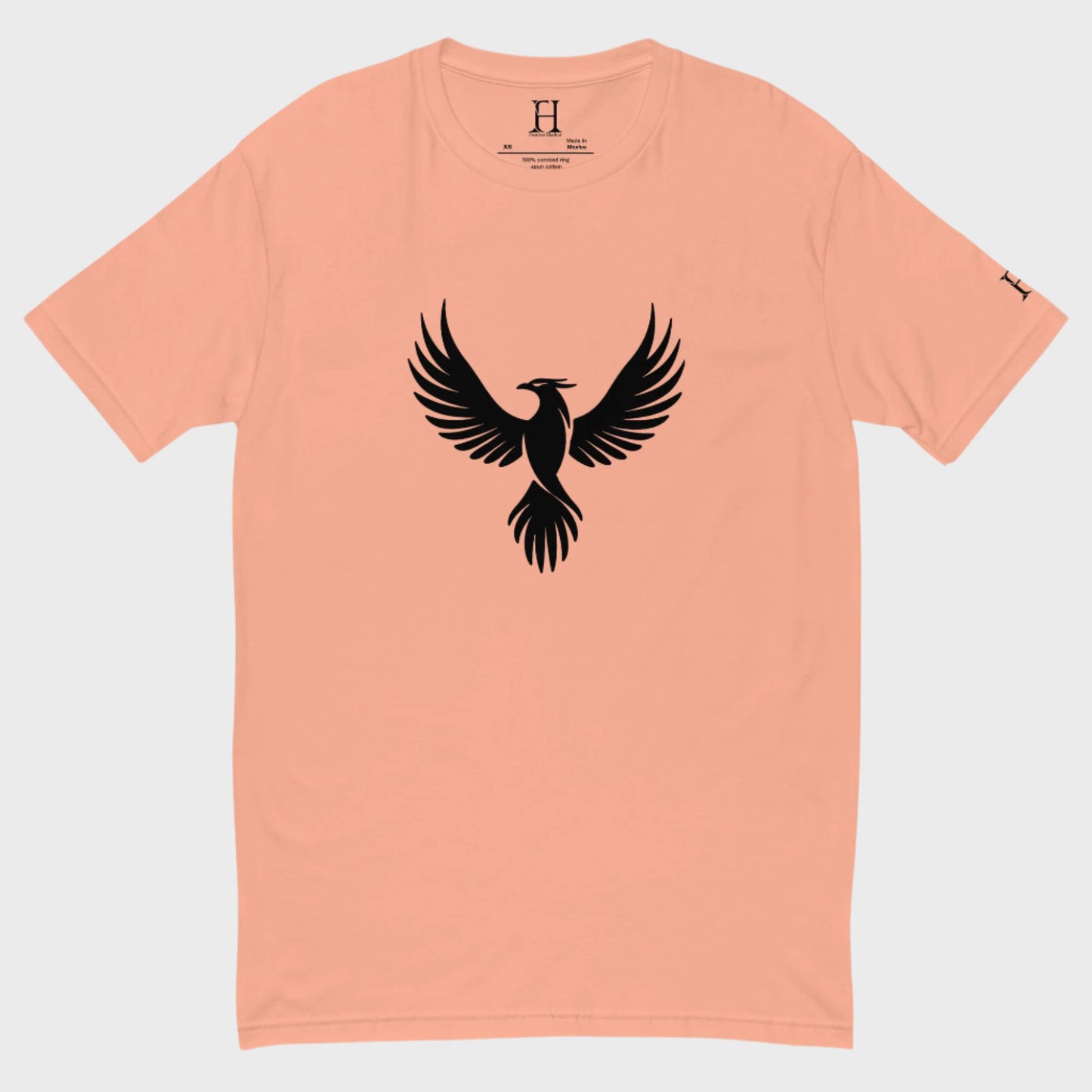 Front of FH Fitted Performance T-Shirt in Desert Pink with Black Phoenix design.