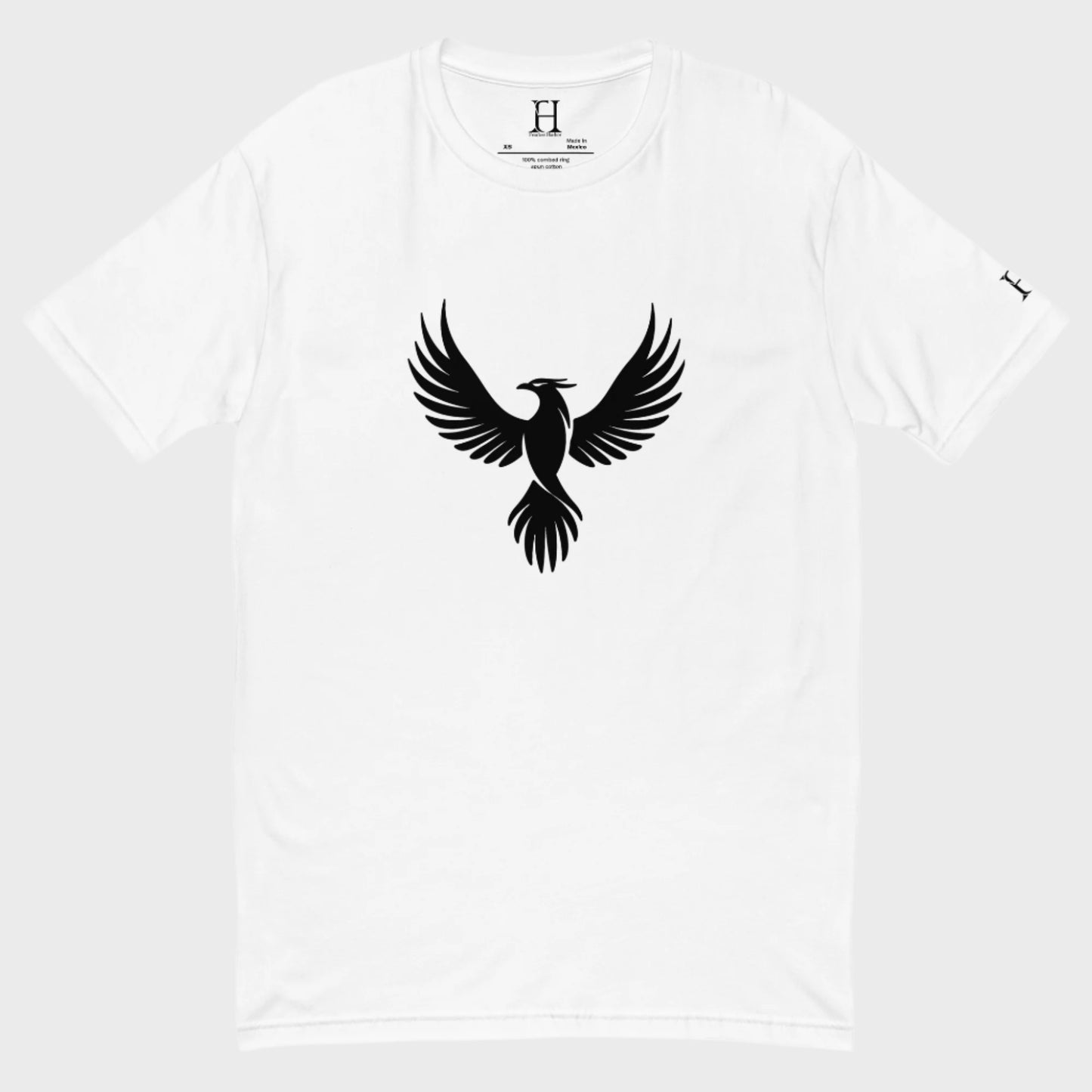 Front of FH Fitted Performance T-Shirt in White with black Phoenix design.