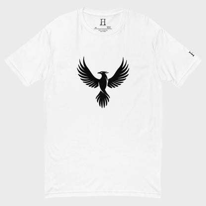 Front of FH Fitted Performance T-Shirt in White with black Phoenix design.