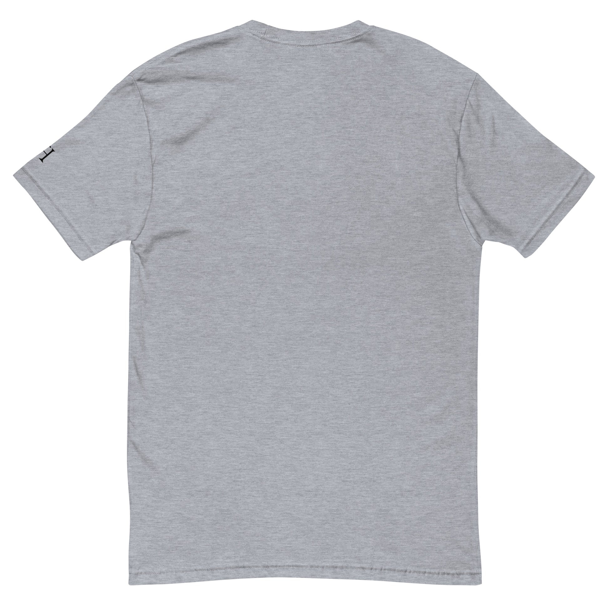 Back of grey T-shirt, blank with no graphics or text.