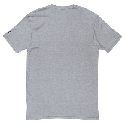 Back of grey T-shirt, blank with no graphics or text.